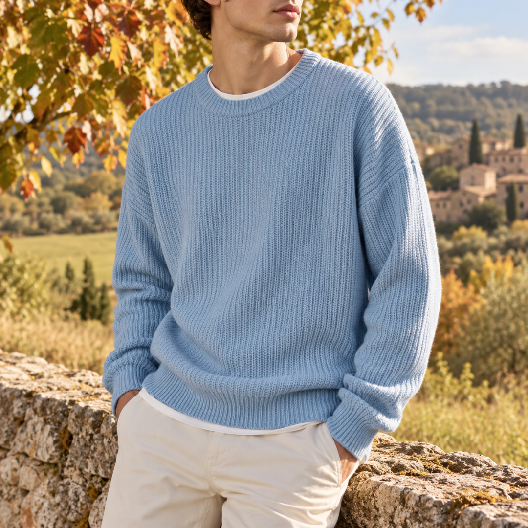 Pull homme bleu ciel en maille côtelée avec col rond en bord-côte
