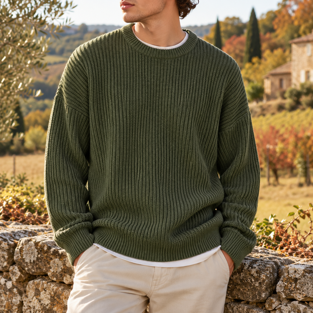 Pull homme vert armée en maille côtelée, côtes verticales et col rond