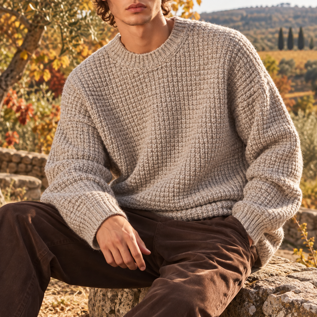 Pull homme kaki clair en maille gaufrée avec col rond côtelé et manches longues