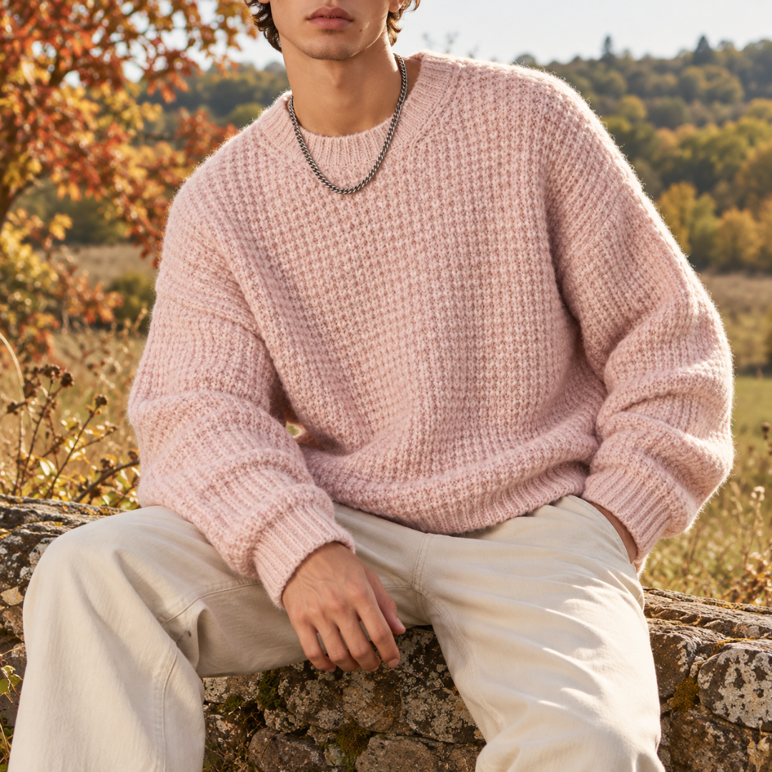 Pull homme rose en maille gaufrée, col rond côtelé et manches longues amples
