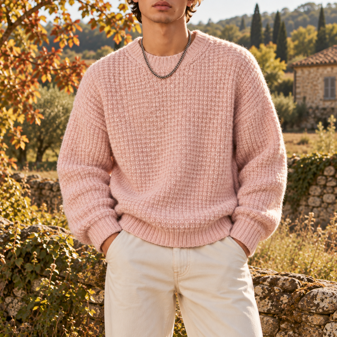 Pull rose en maille gaufrée porté de face avec large bord côtelé au bas