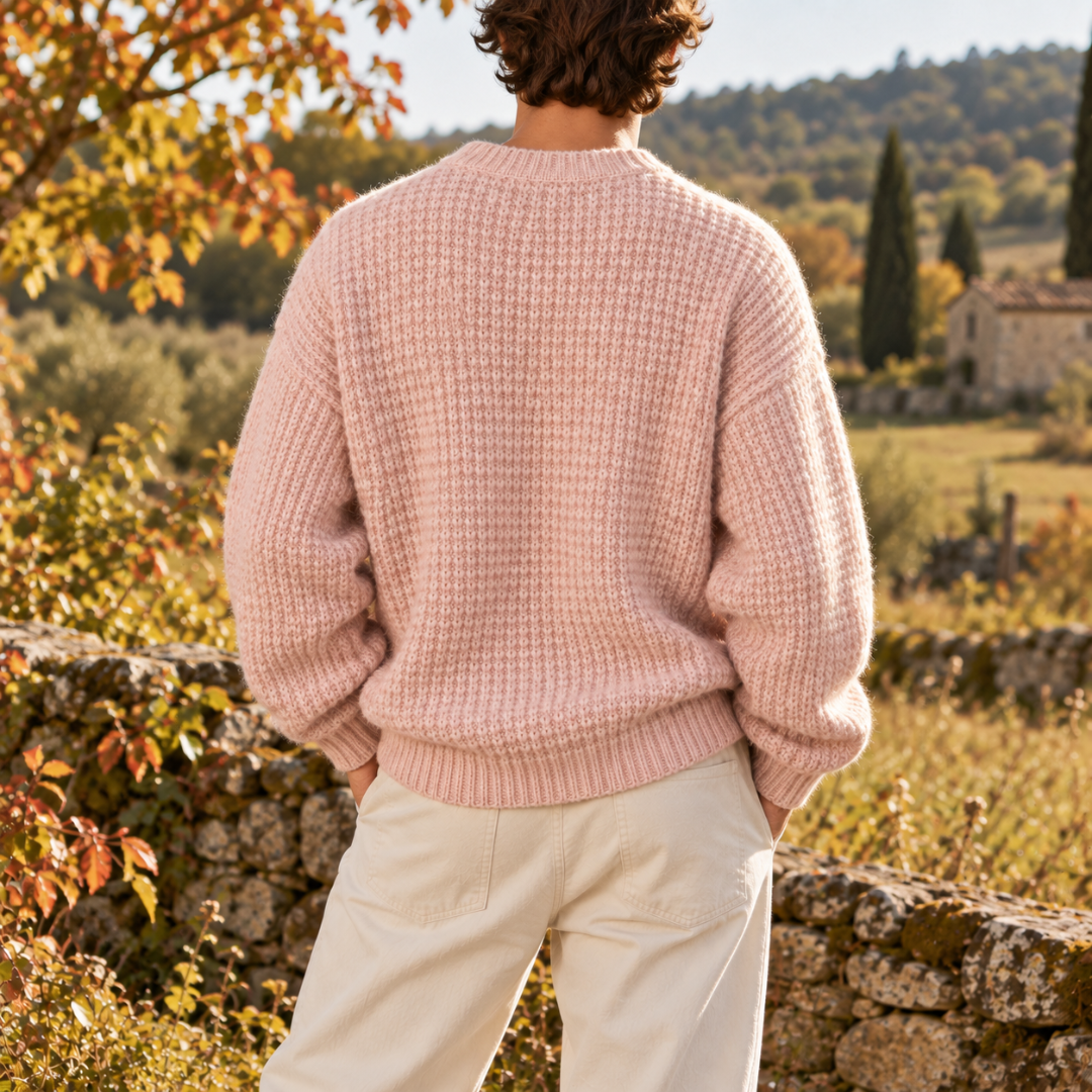 Dos du pull homme rose en maille gaufrée, épaules descendues et bas côtelé