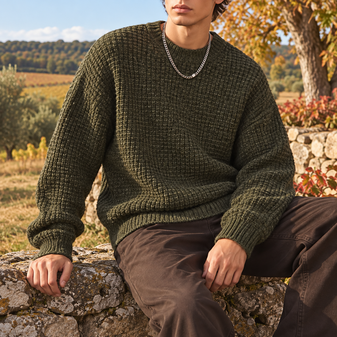 Pull homme vert foncé en maille gaufrée, col rond côtelé et poignets côtelés
