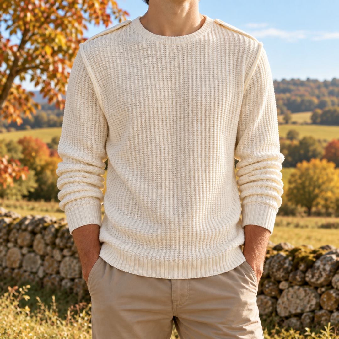 Pull homme blanc en maille gaufrée à col rond, porté avec un chino beige