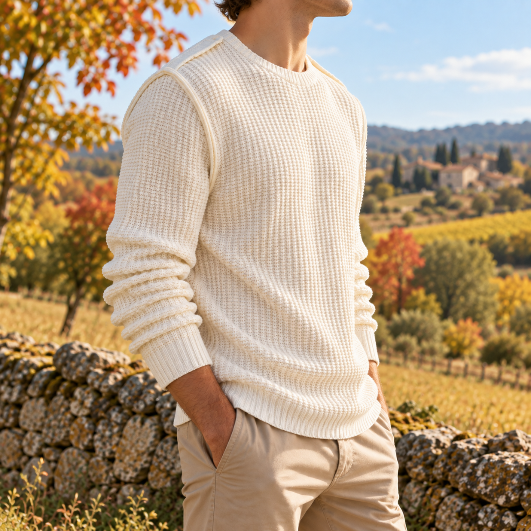 Pull homme blanc vu de trois quarts, coutures d'épaule apparentes et poignets côtelés