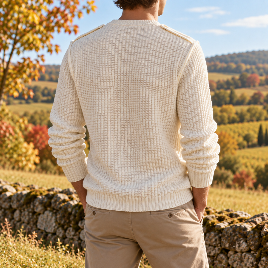 Dos du pull homme blanc en maille gaufrée avec bas en bords-côtes