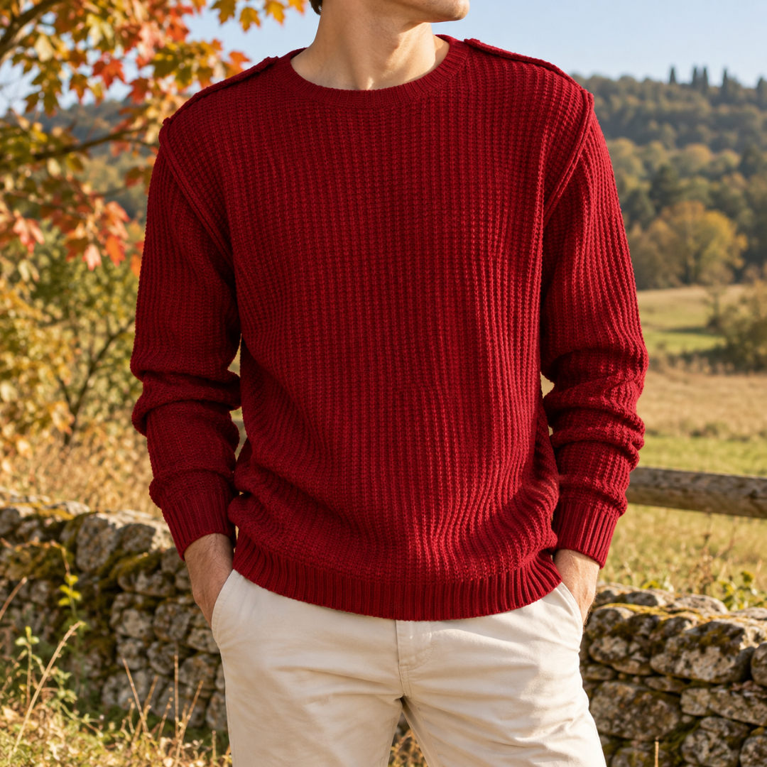 Pull homme rouge en maille gaufrée à col rond et manches longues côtelées