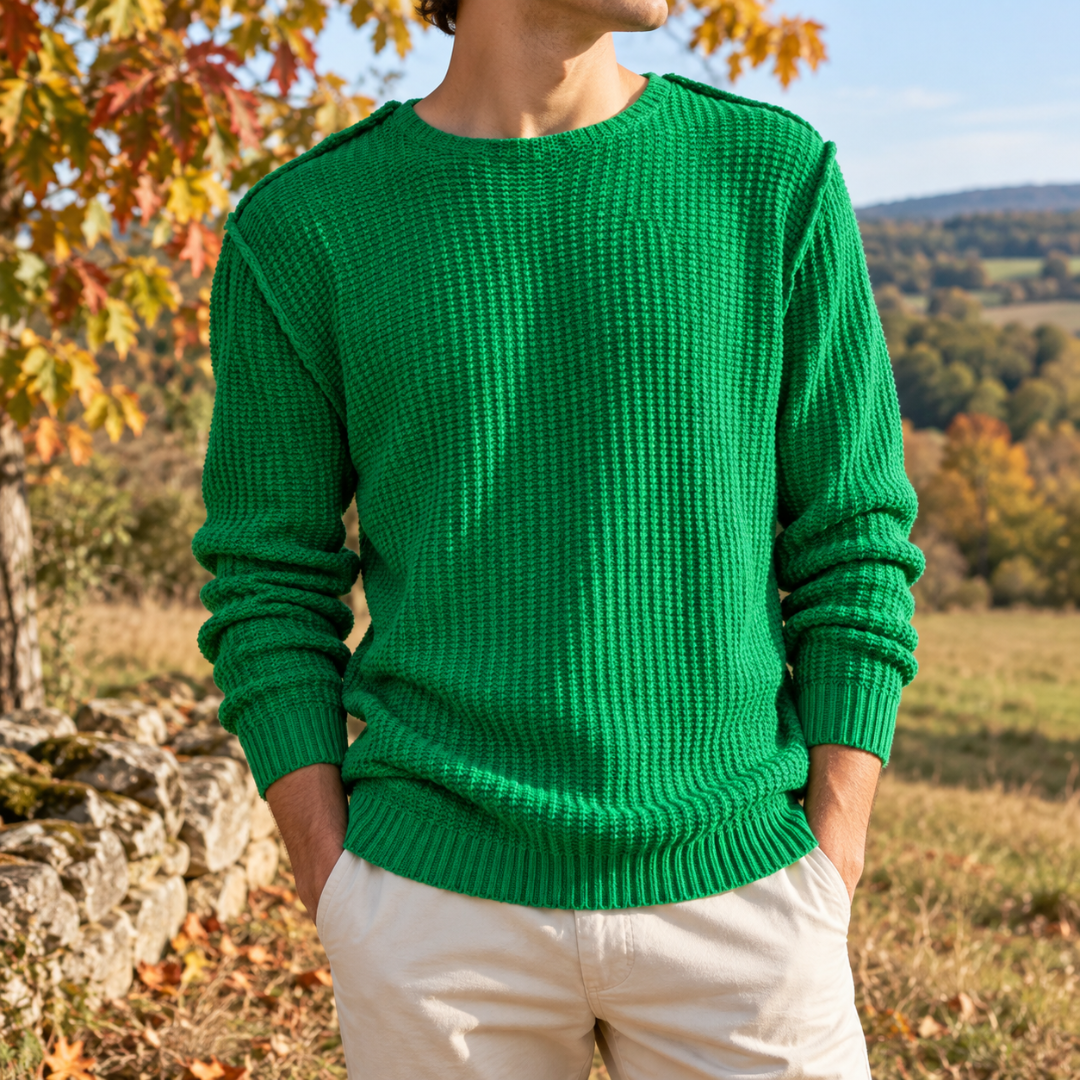 Pull homme vert en maille gaufrée avec col rond et bas en bords-côtes