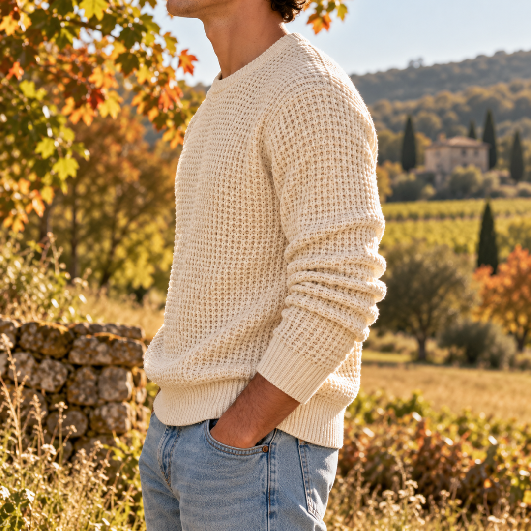 Vue de profil du pull homme crème gaufré, poignets côtelés et bas côtelé