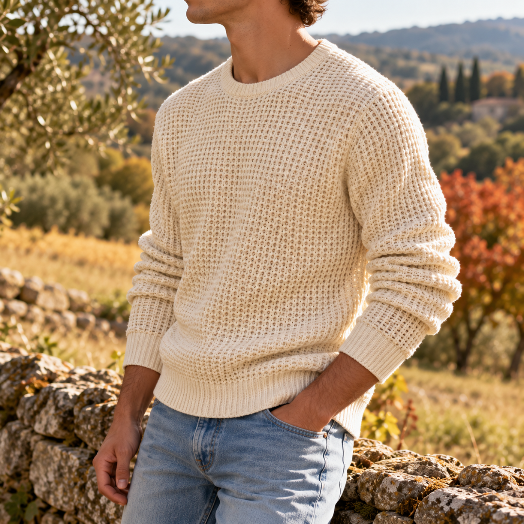 Pull homme crème gaufré de trois quarts, col rond côtelé et manches longues
