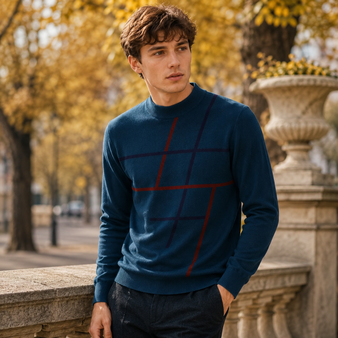 Pull homme bleu à col montant, lignes rouges et bleu foncé formant un motif graphique