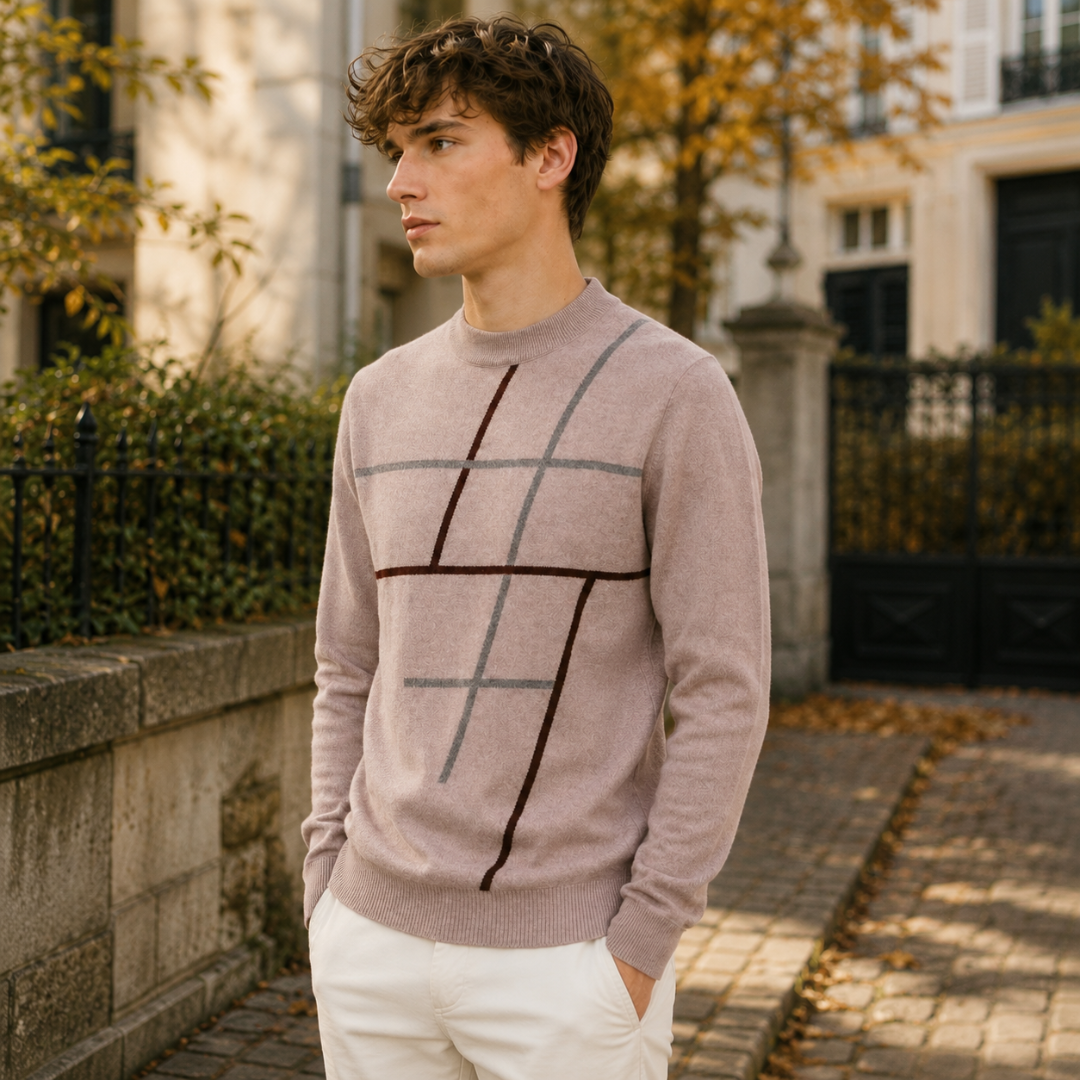 Homme portant un pull camel à motif de lignes croisées et poignets côtelés