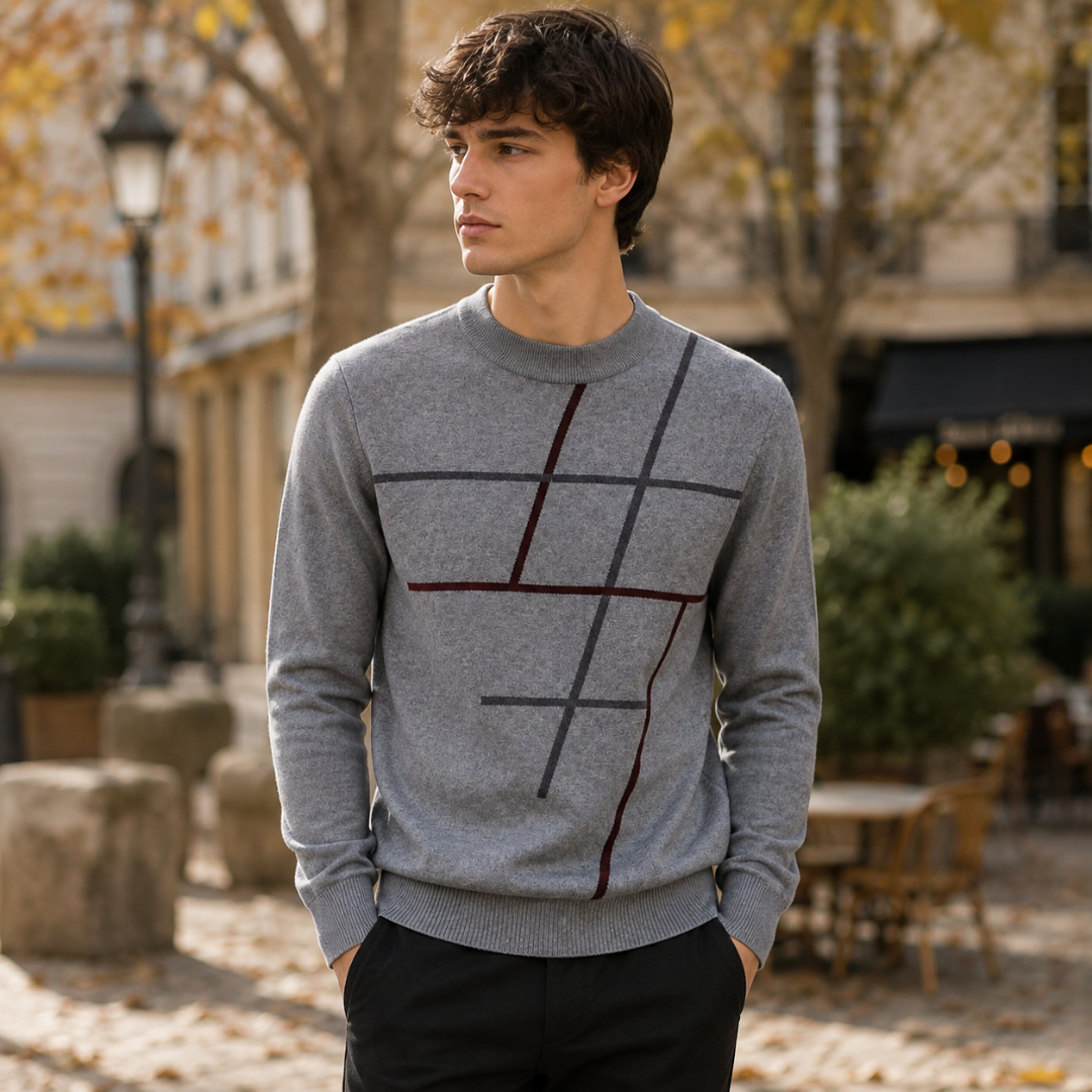 Pull homme gris à col montant avec lignes graphiques bordeaux et anthracite croisées