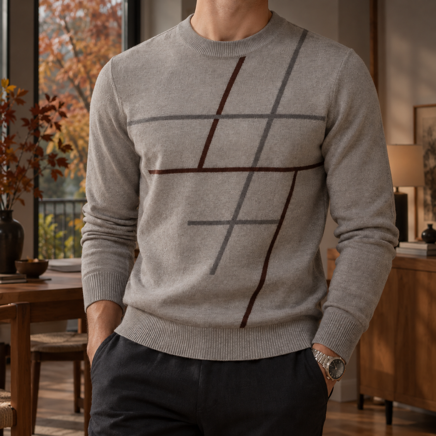 Pull homme camel à motif de lignes croisées bordeaux et grises, col rond