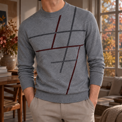 Pull homme gris chiné à lignes bordeaux et anthracite, col rond côtelé