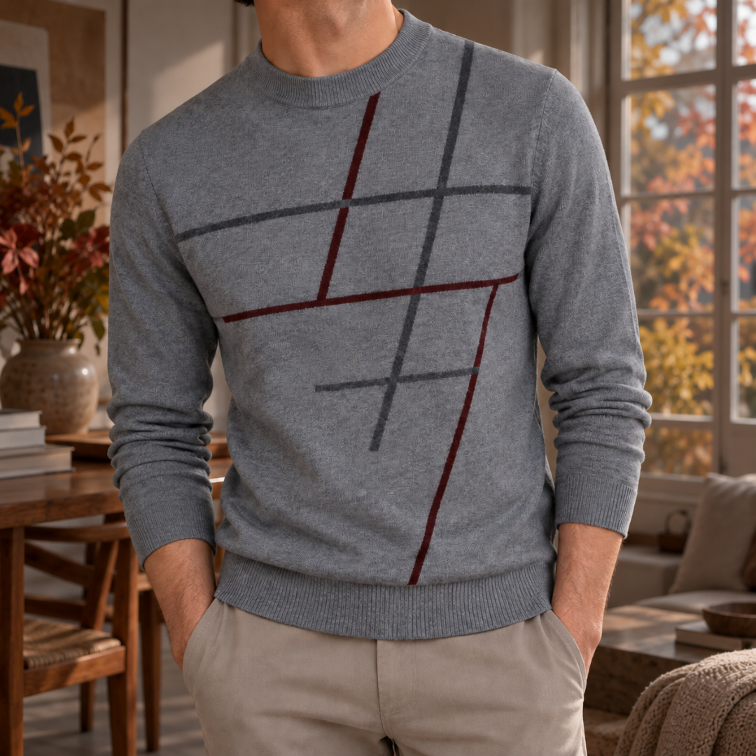 Pull homme gris chiné à lignes bordeaux et anthracite, col rond côtelé