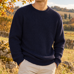Pull homme bleu marine maille gaufrée, col rond côtelé et bas côtelé