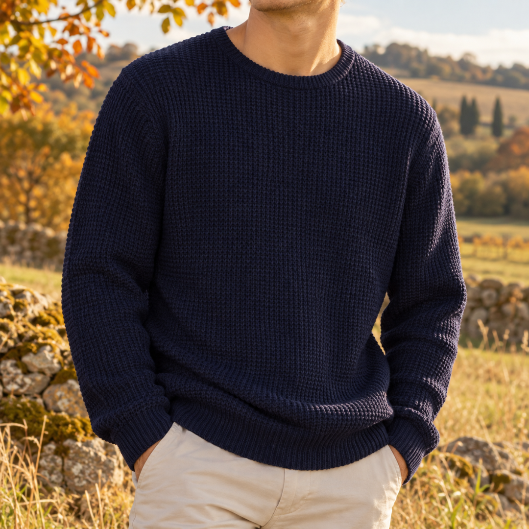 Pull homme bleu marine maille gaufrée, col rond côtelé et bas côtelé
