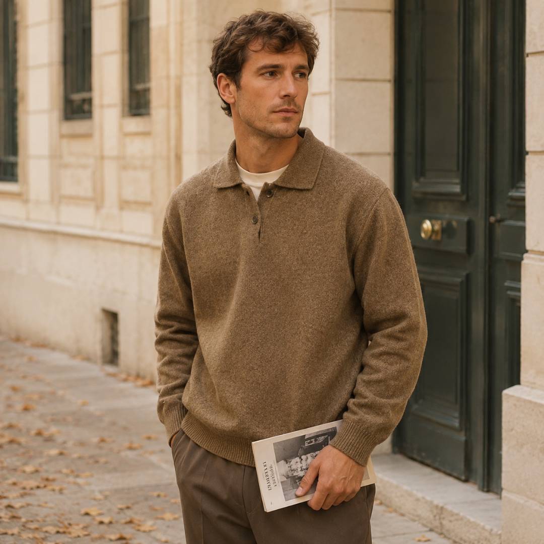 Pull homme marron à col polo et deux boutons, porté sur un pantalon foncé