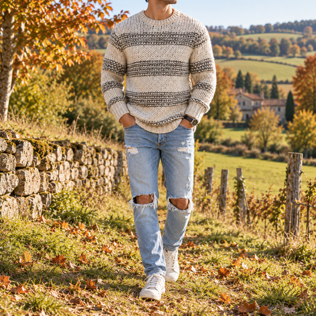 Homme de face en pull gris rayé, col rond et bas en côtes