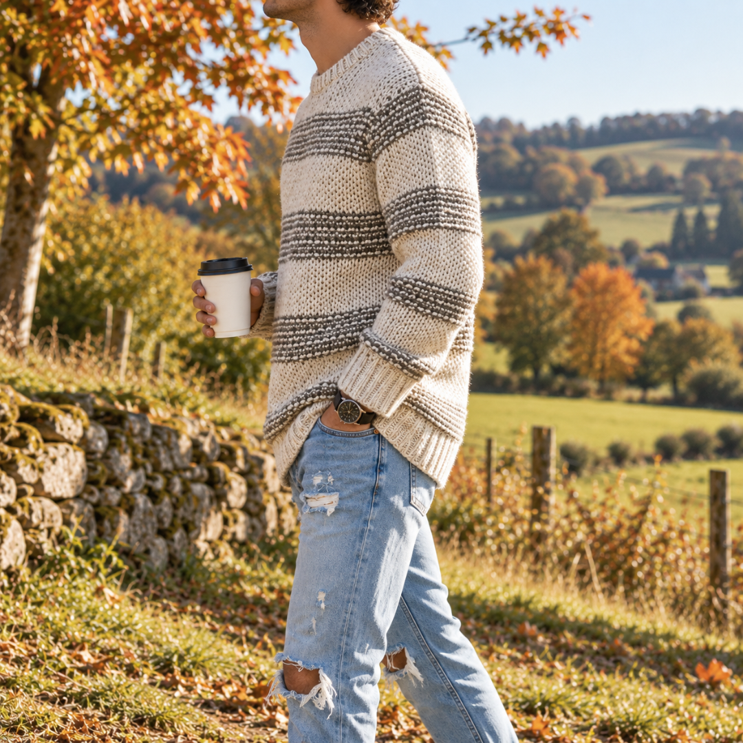 Vue de profil du pull homme gris rayé avec poignets côtelés larges
