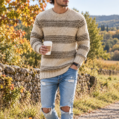 Pull homme kaki à rayures texturées, col rond côtelé et manches longues