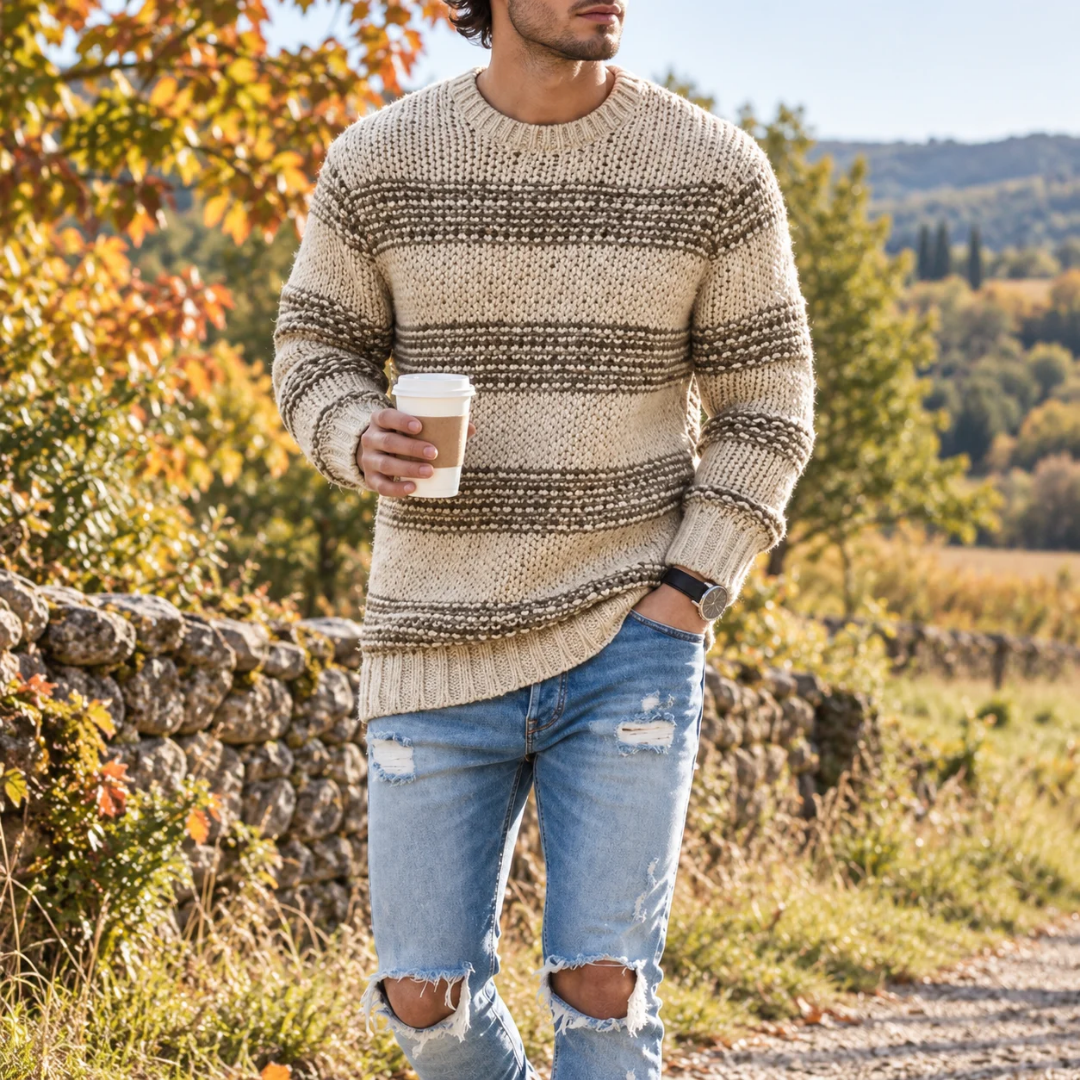 Pull homme kaki à rayures texturées, col rond côtelé et manches longues