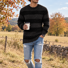 Pull homme noir à rayures ton sur ton, col rond et poignets côtelés