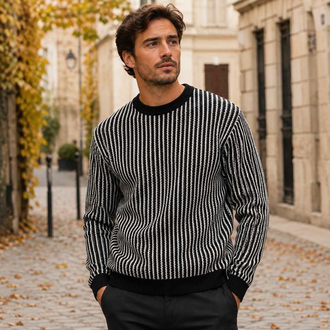 Pull homme noir et blanc à rayures verticales, col rond et bas côtelé