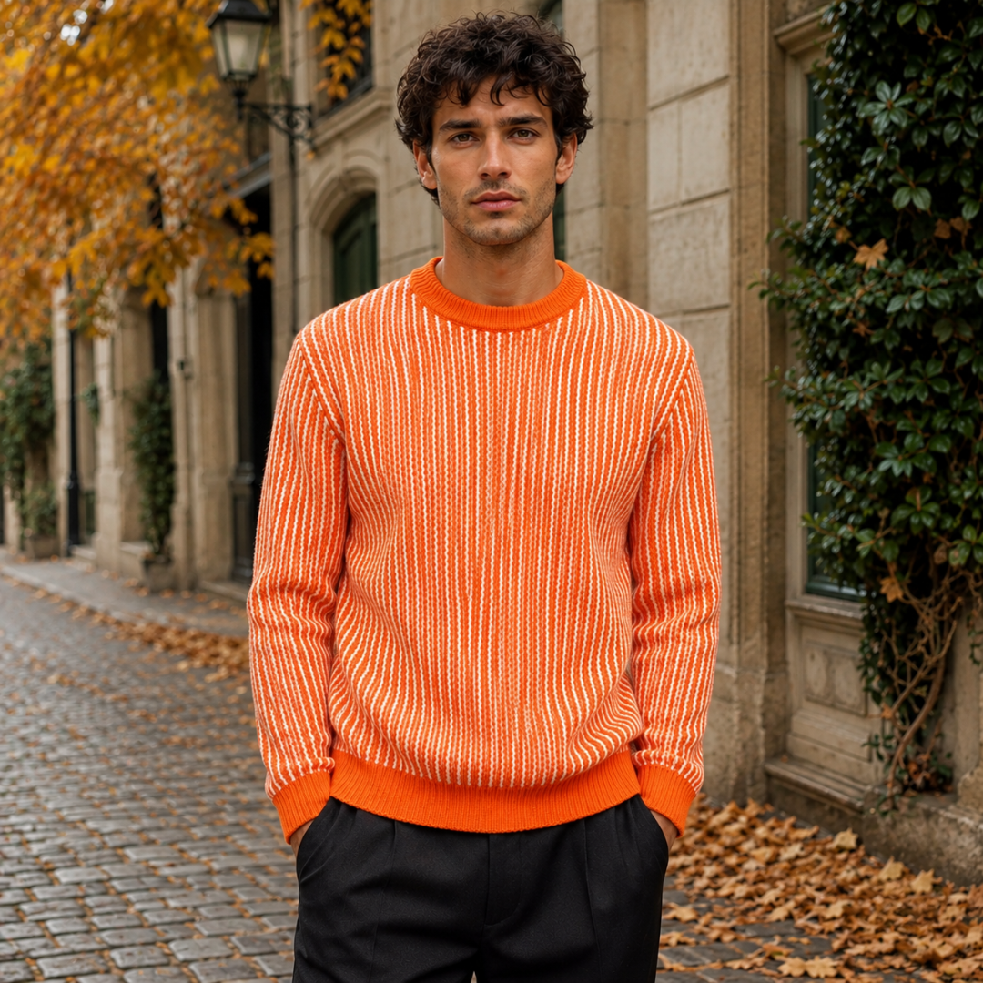 Pull homme orange à rayures verticales blanches et col rond en bord-côte