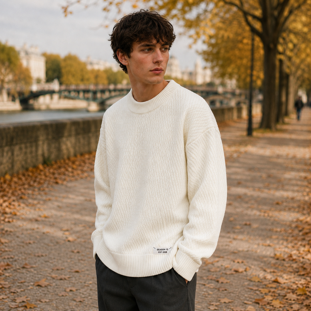 Pull homme blanc à manches longues et poignets côtelés, petite étiquette au bas