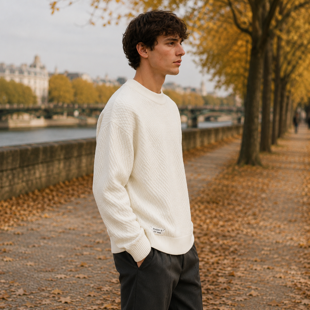 Vue de profil du pull homme blanc texturé avec bas côtelé et manches longues