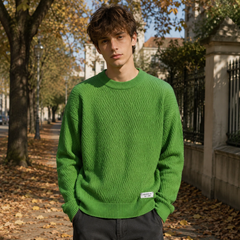 Pull homme vert en maille texturée à col rond côtelé et manches longues