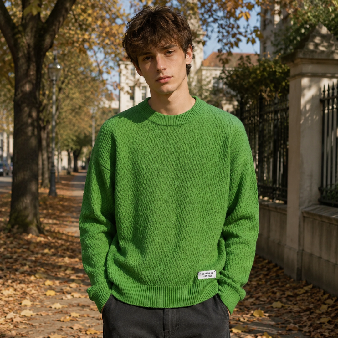 Pull homme vert en maille texturée à col rond côtelé et manches longues