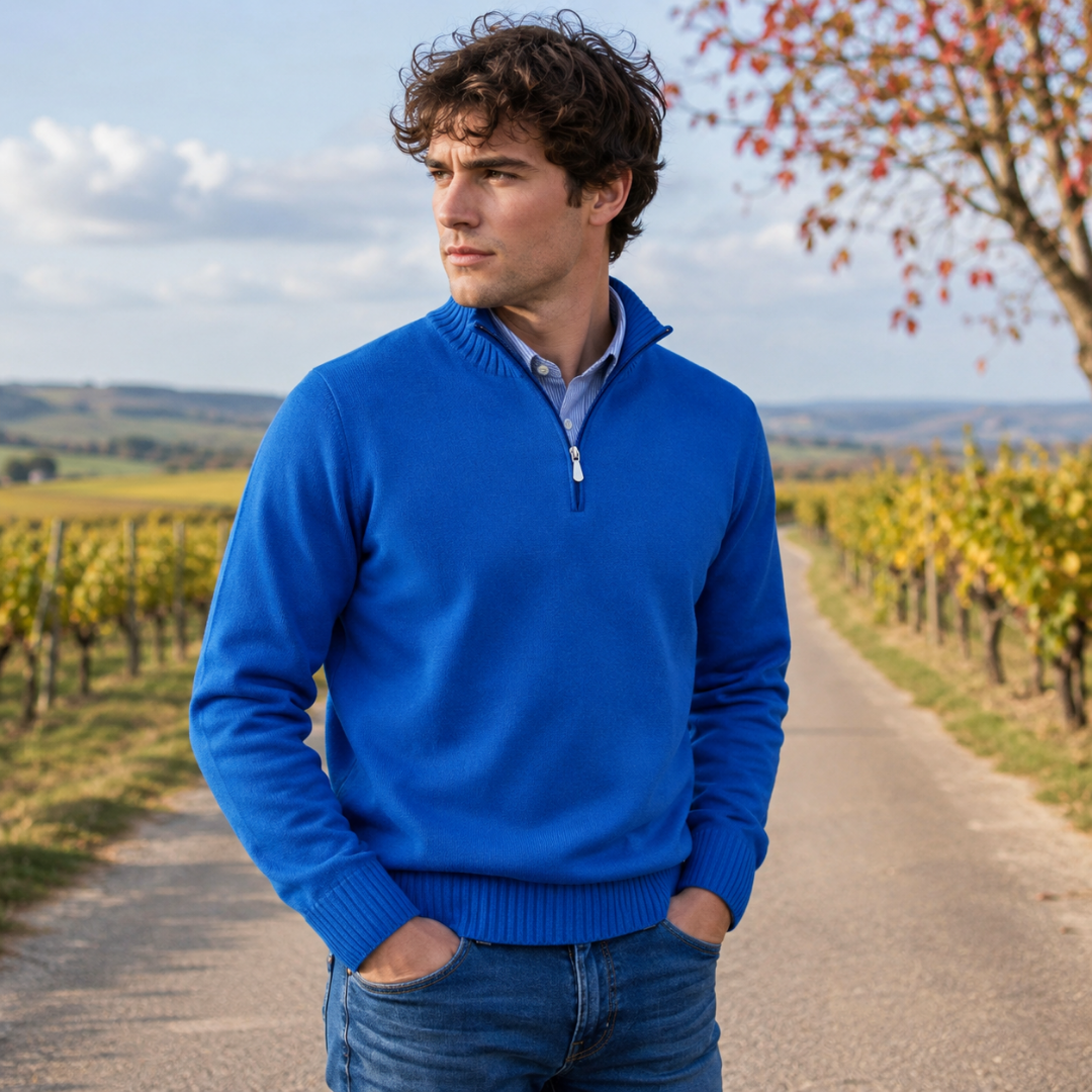 Pull homme bleu vif à col montant zippé et bas côtelé, maille unie