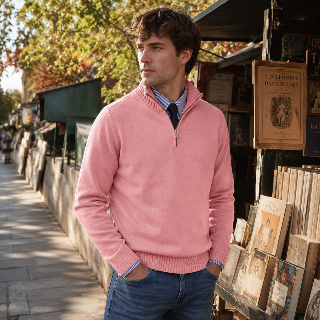 Pull homme rose à courte fermeture éclair, col côtelé et manches longues