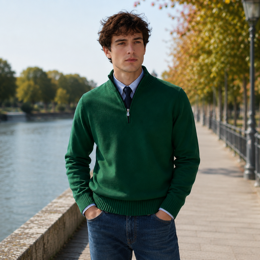 Pull homme vert à col montant zippé porté avec une chemise rayée et une cravate marine