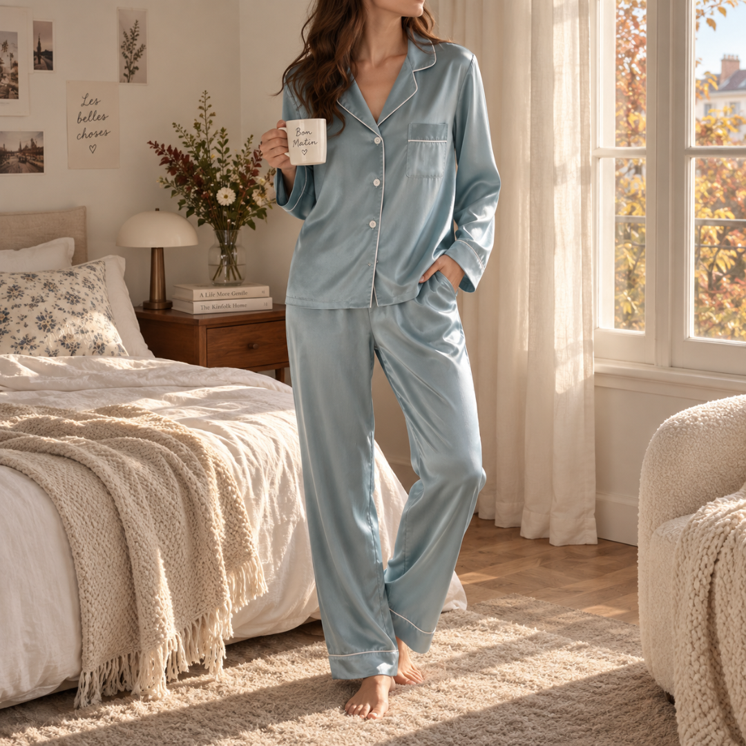 Pyjama femme bleu clair, chemise boutonnée à poche poitrine et pantalon long fluide