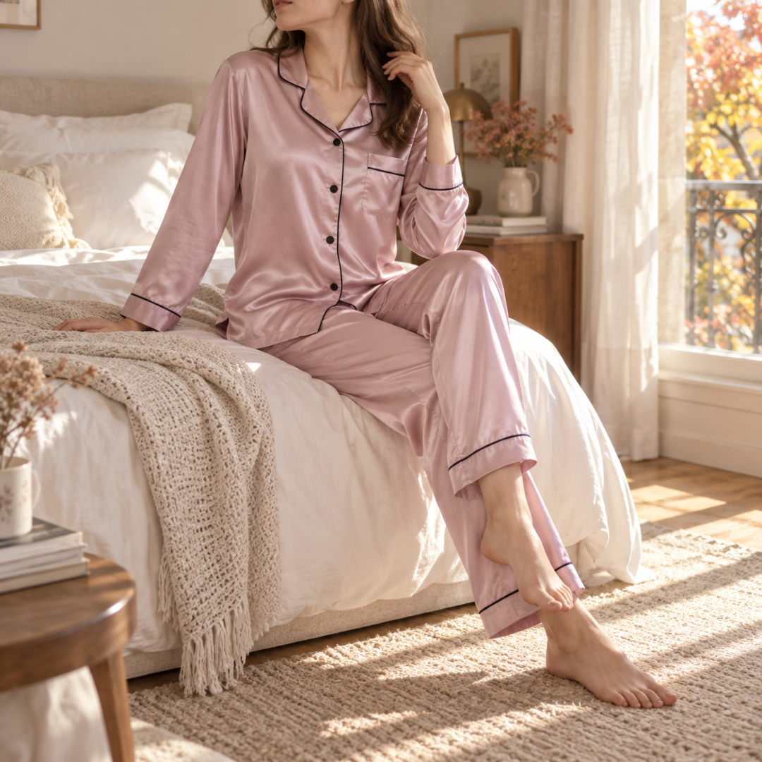 Pyjama femme vieux rose à passepoil noir, chemise à col cranté et pantalon long