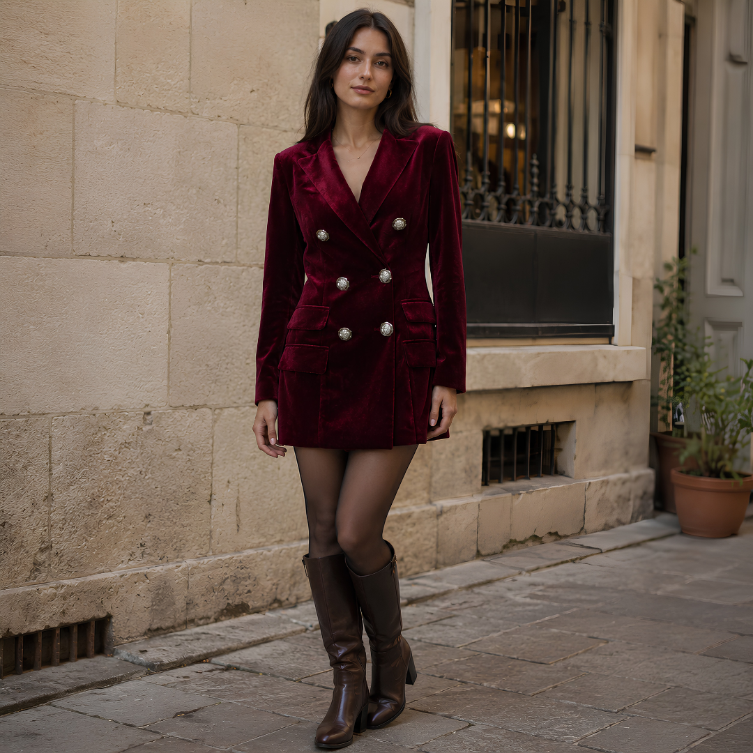 Robe blazer bordeaux à boutonnage croisé et boutons ornés, col cranté, portée de face