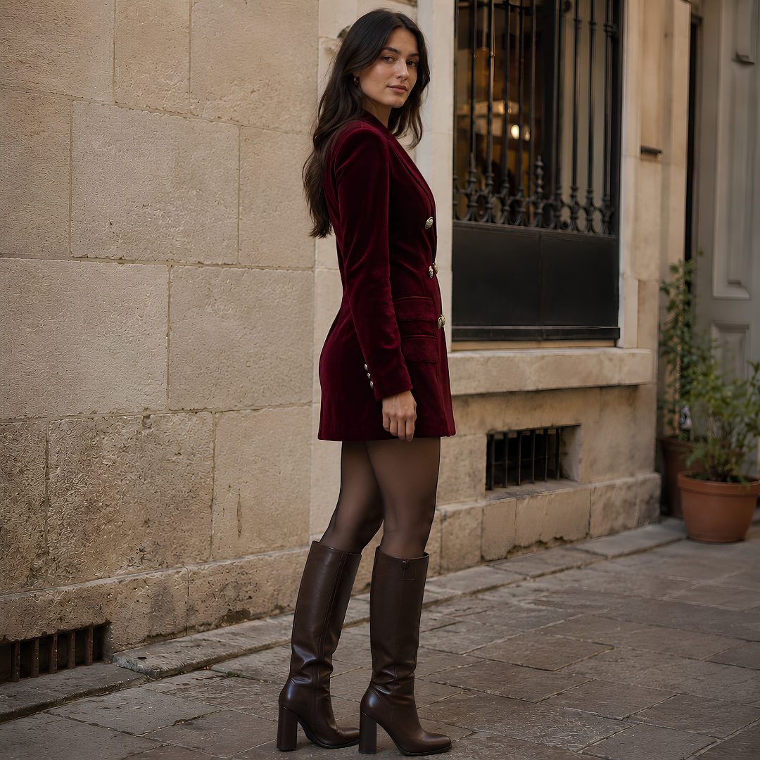 Profil de la robe blazer bordeaux montrant les boutons ornés et la coupe courte