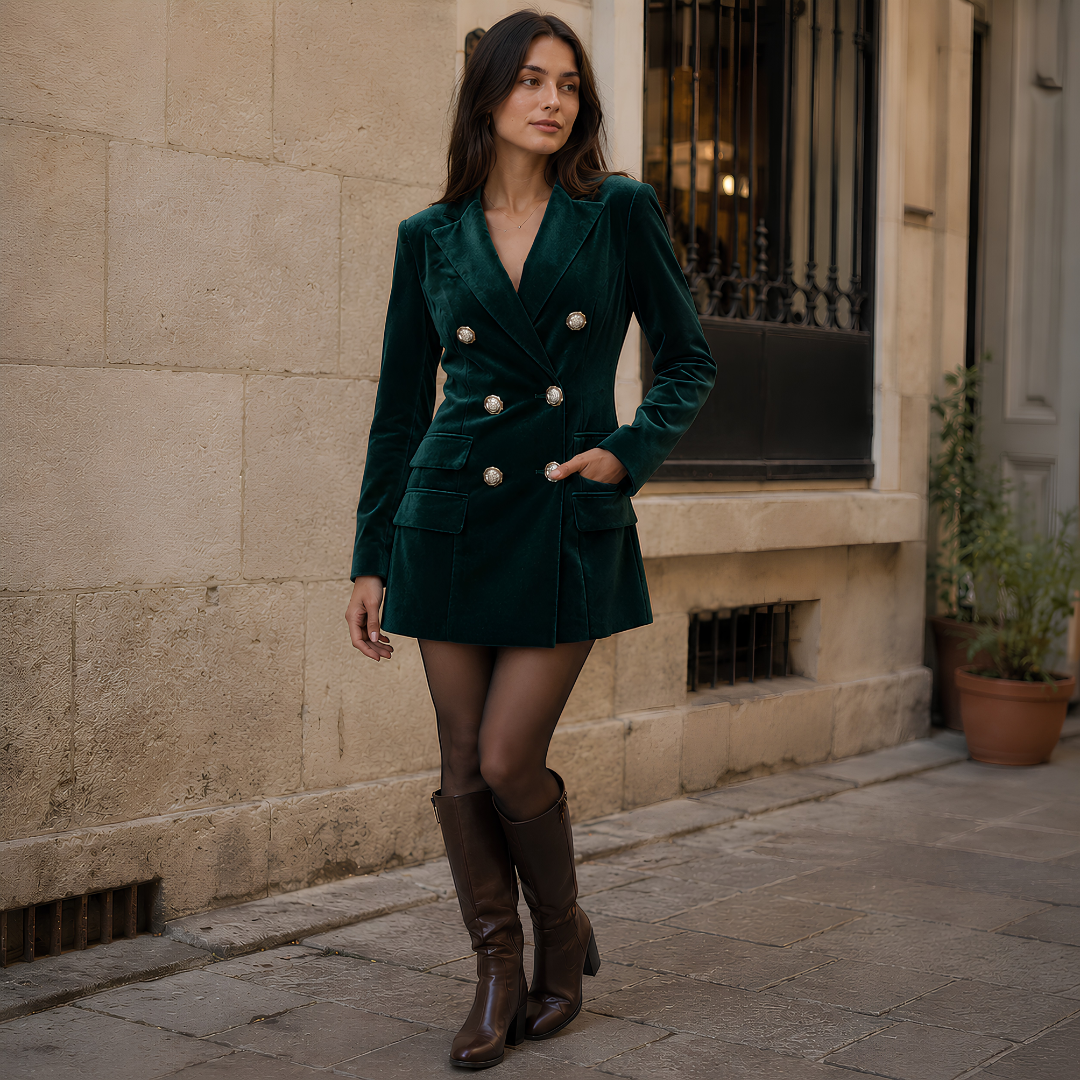 Robe blazer vert foncé à double boutonnage, col cranté, boutons ornés et poches à rabat