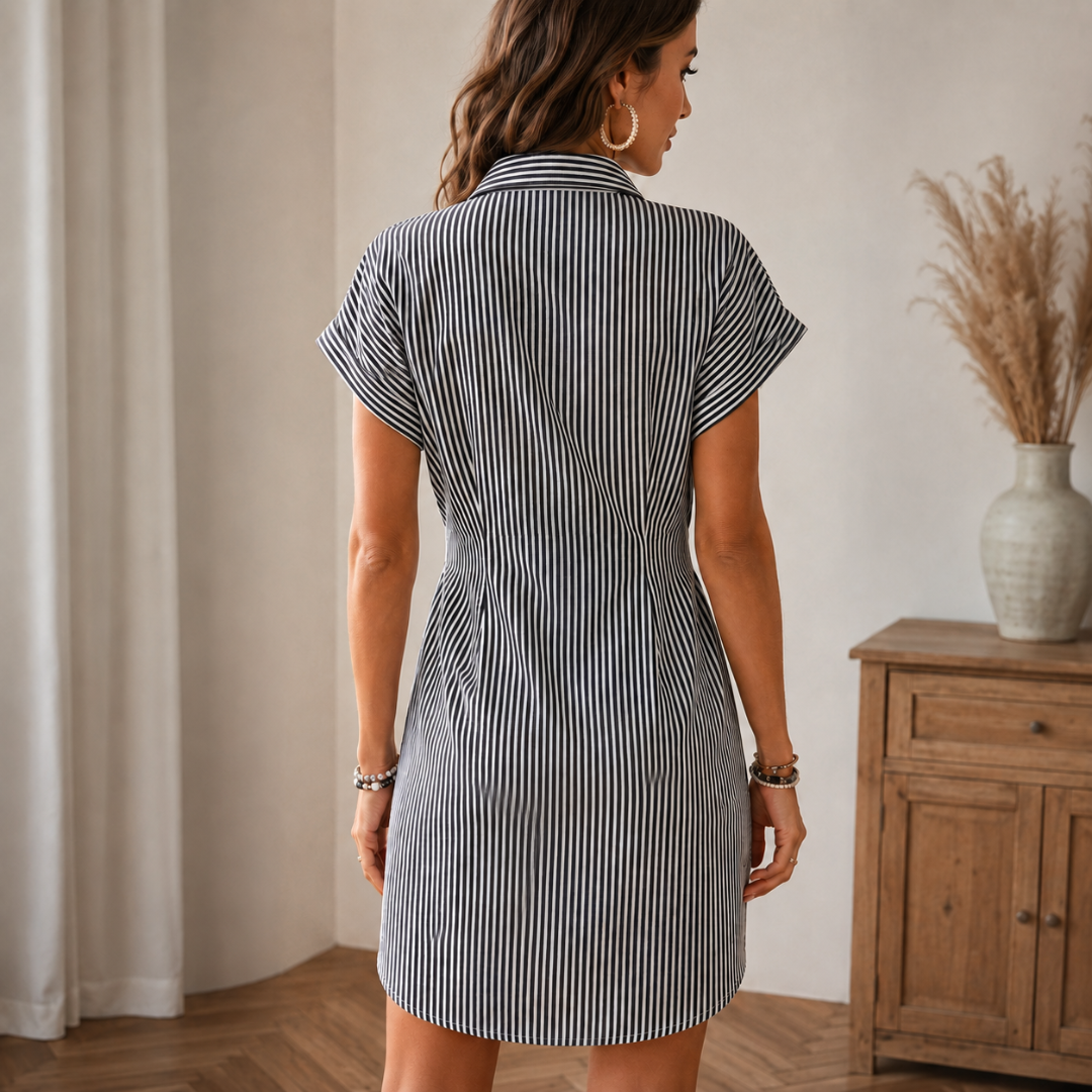 Dos de la robe chemise grise rayée, ourlet arrondi et fronces à la taille