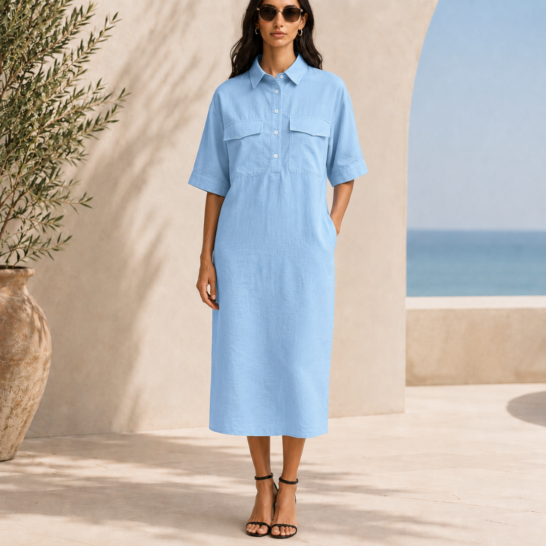 Robe chemise bleu clair midi portée en bord de mer
