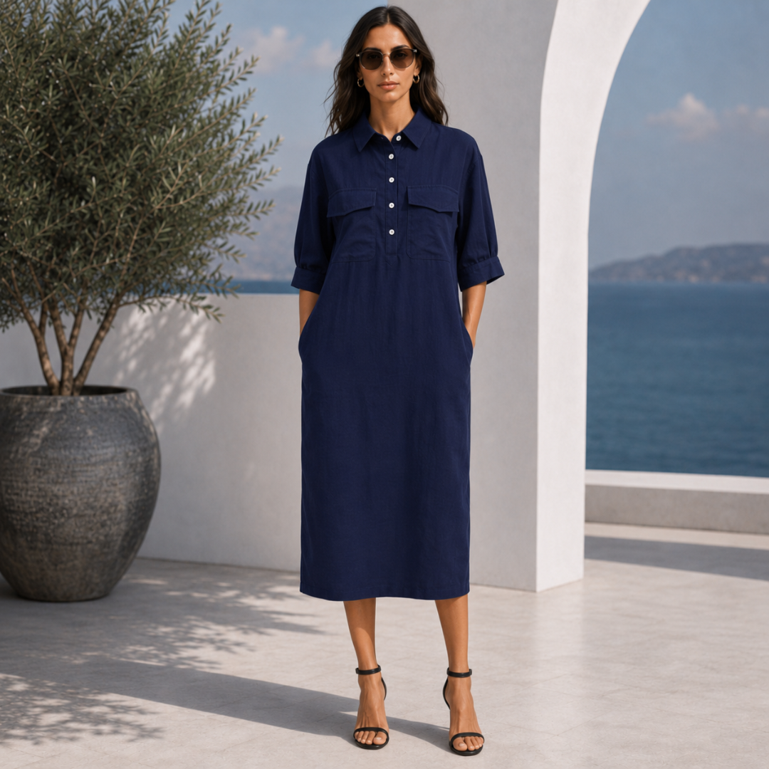 Robe chemise bleu marine midi à la coupe droite et manches 3/4