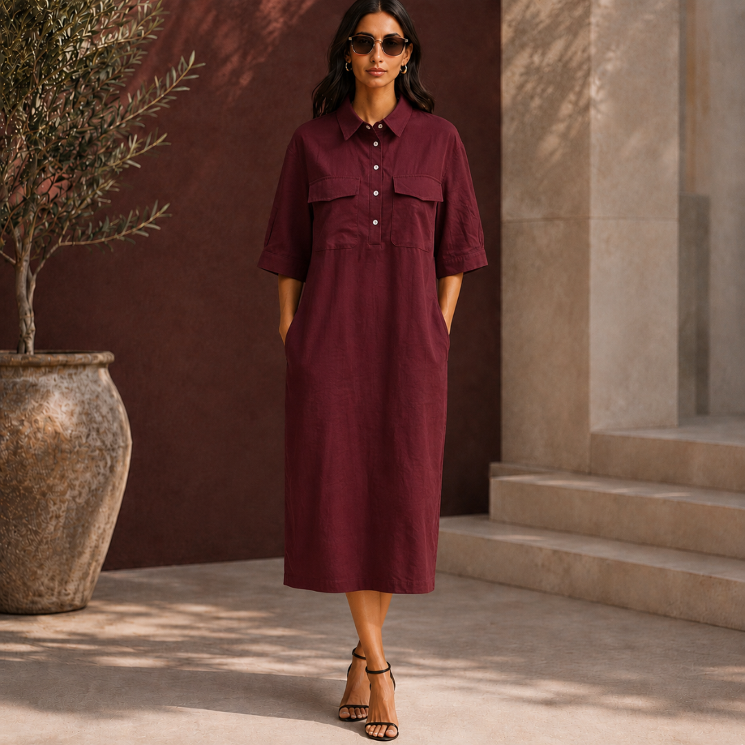 Robe chemise bordeaux midi avec col chemisier boutonné