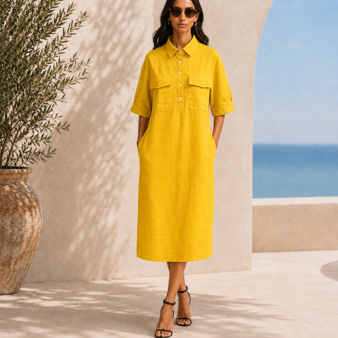Robe chemise jaune midi avec col chemisier et manches 3/4