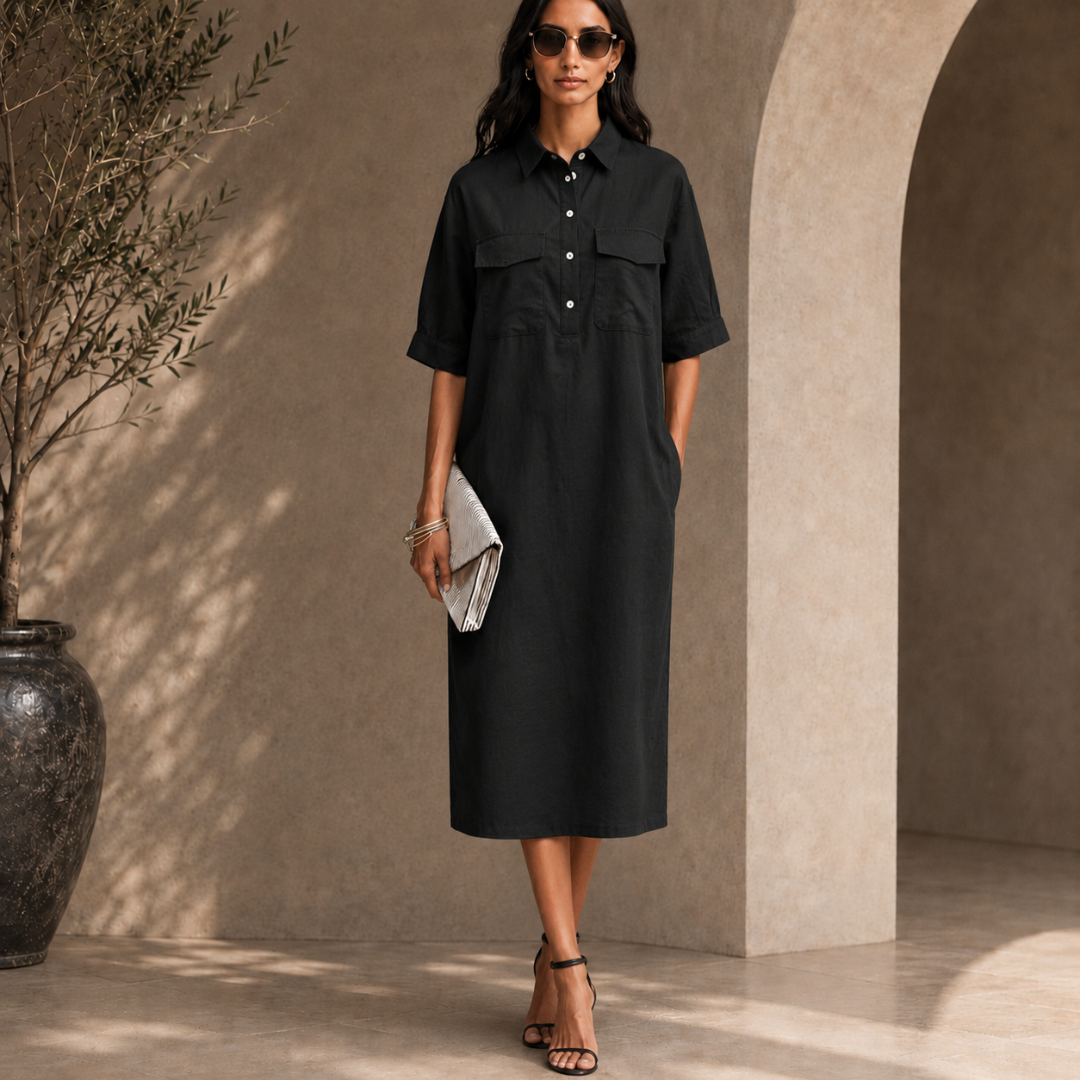 Robe chemise noire midi avec manches 3/4 et poches plaquées