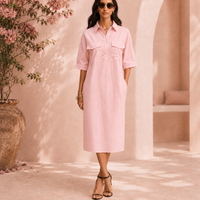 Robe Chemise Femme Midi Col Chemisier Manches 3/4 Boutonnée Poches Plaquées Été Casual Chic | Milena