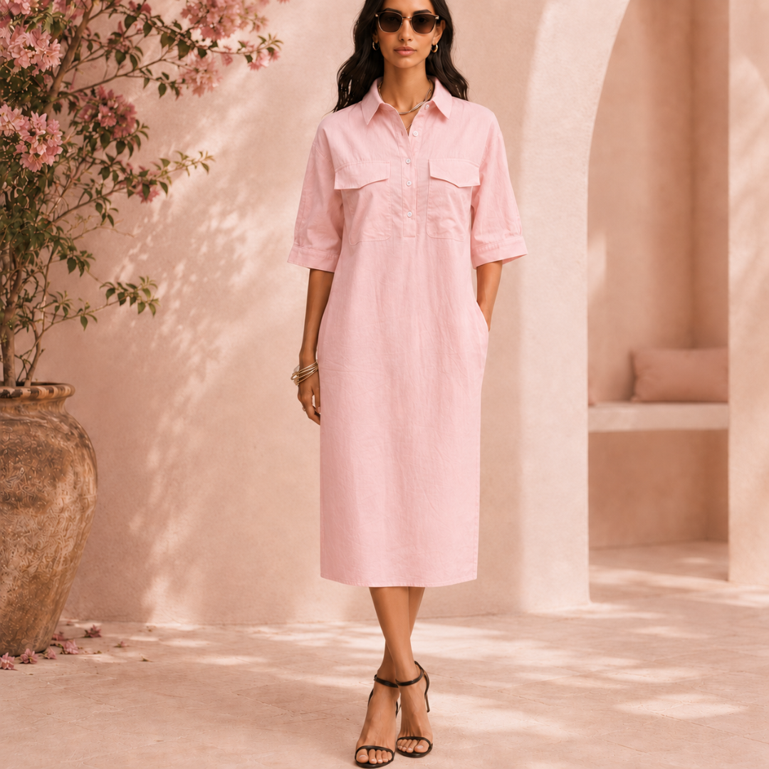 Robe chemise rose midi portée debout en extérieur près d'un mur rosé
